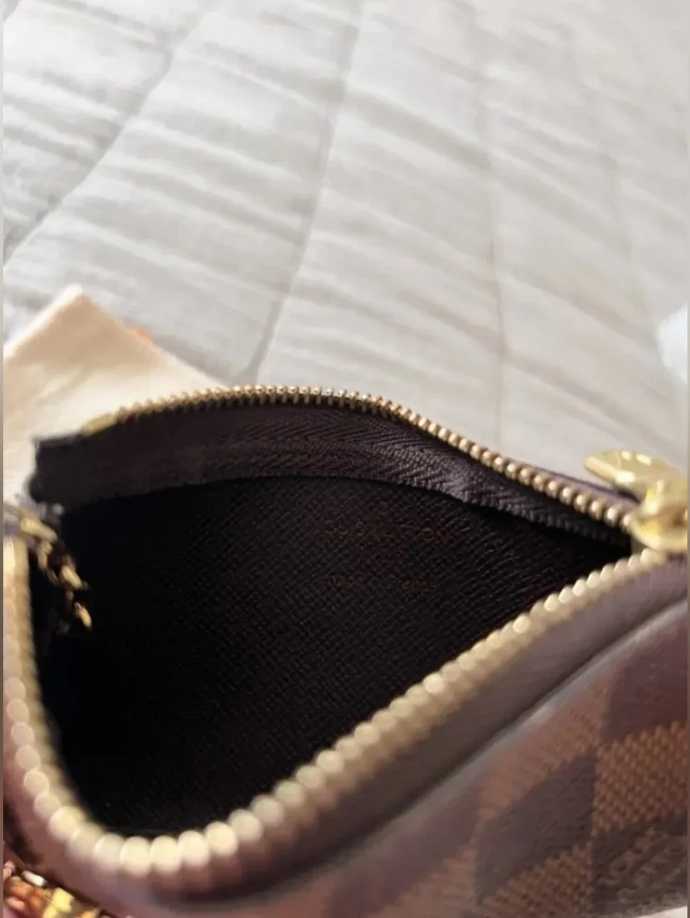 Brown Checkered Key Pouch with Gold Hardware